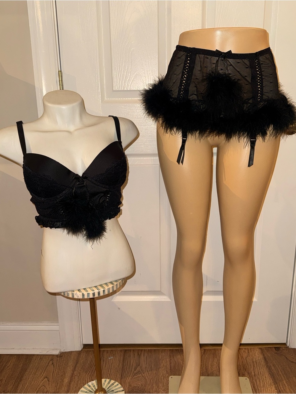 Feather Trim Black Lace Bra and Garter Skirt Set